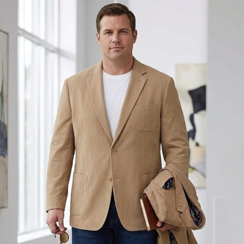 PJ Paul Jones Mens Tan Herringbone Blazer Jacket Two Button XL Tan Sport Coat